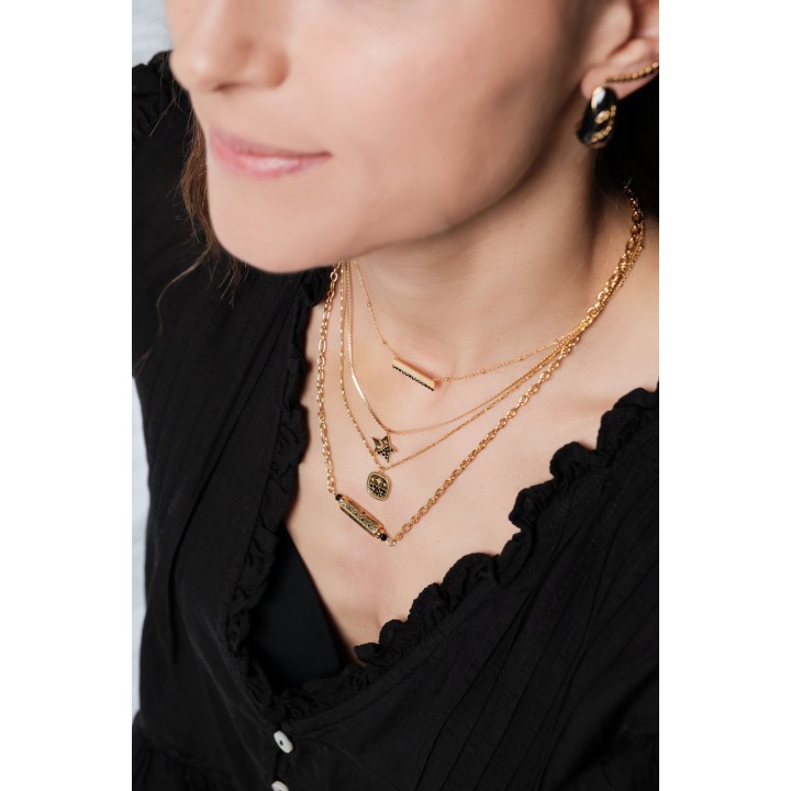 COLLIER MEDAILLON STRASS NOIRS ACIER INOXYDABLE GOLD PETIT PRIX