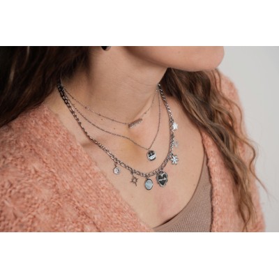 COLLIER MEDAILLON STRASS BLANCS ACIER INOXYDABLE SILVER PETIT PRIX