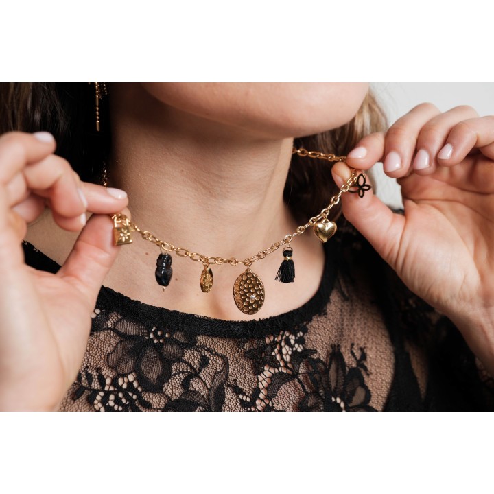 COLLIER CHARMS MAILLE CISELEE ACIER INOXYDABLE GOLD PETIT PRIX