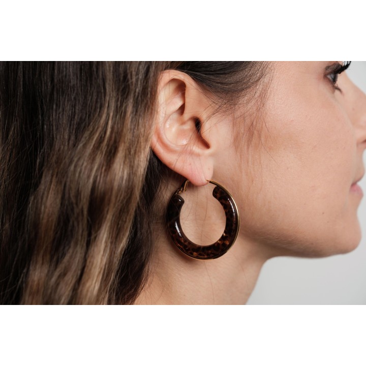 BOUCLES CREOLES RESINE LEOPARD ACIER INOXYDABLE GOLD PETIT PRIX