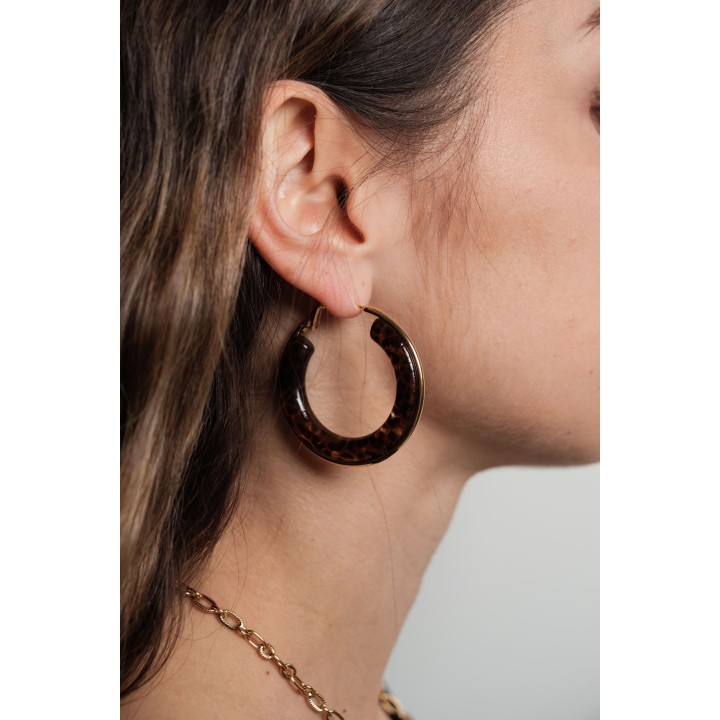 BOUCLES CREOLES RESINE LEOPARD ACIER INOXYDABLE GOLD PETIT PRIX