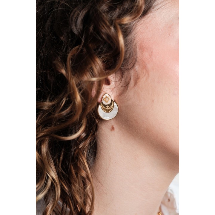 BOUCLES RONDES GRAVEES NACRE ROSE ACIER INOXYDABLE GOLD PETIT PRIX