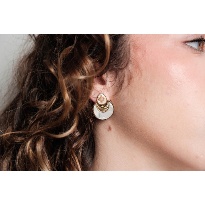 BOUCLES RONDES GRAVEES NACRE ROSE ACIER INOXYDABLE GOLD PETIT PRIX