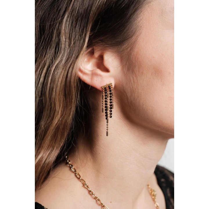 BOUCLES PENDANTES STRASS NOIRES ACIER INOXYDABLE GOLD PETIT PRIX