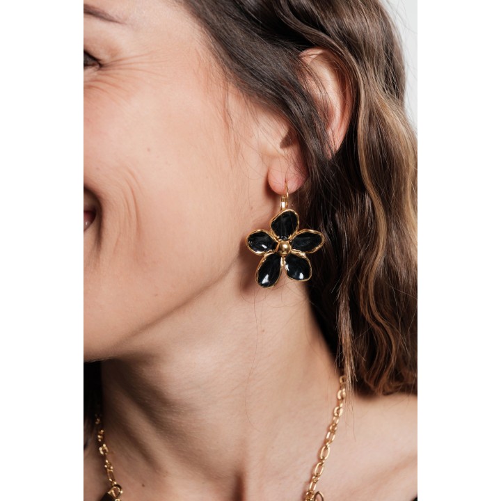 BOUCLES FLEUR NOIRE BRILLANTE ACIER INOXYDABLE GOLD PETIT PRIX