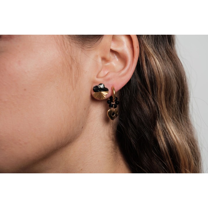 BOUCLES FLEUR NOIRE COEUR ACIER INOXYDABLE GOLD PETIT PRIX