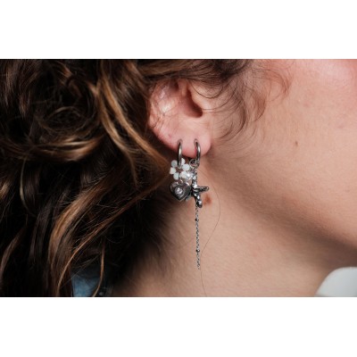 BOUCLES FLEUR BLANCHE COEUR ACIER INOXYDABLE SILVER PETIT PRIX