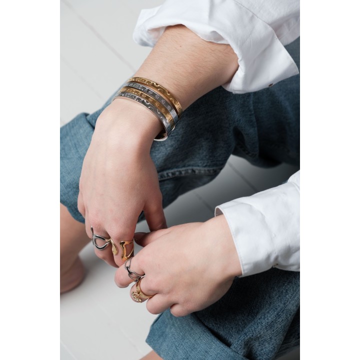 BRACELET PERLES GRIS METALLISE MEDAILLON ACIER INOX GOLD PETIT PRIX