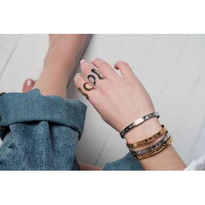 BRACELET PERLES GRIS METALLISE MEDAILLON ACIER INOX GOLD PETIT PRIX