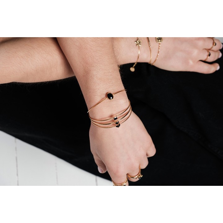 JONC TRIPLE STRASS NOIR ACIER INOXYDABLE GOLD PETIT PRIX