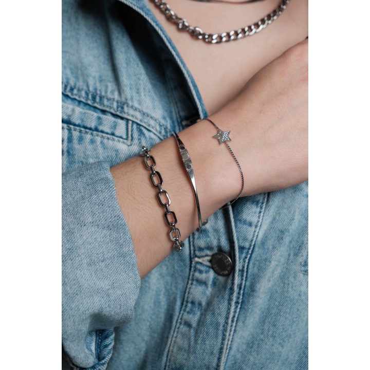 BRACELET PERLES GRIS METALLISE MEDAILLON ACIER INOX GOLD PETIT PRIX