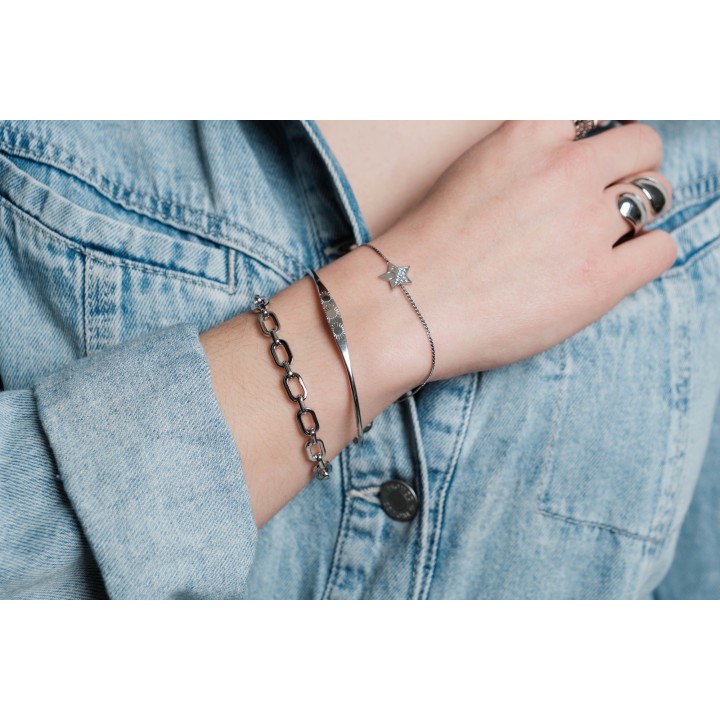 BRACELET PERLES GRIS METALLISE MEDAILLON ACIER INOX GOLD PETIT PRIX