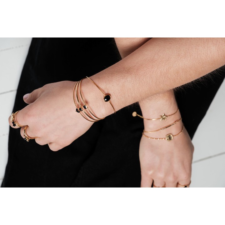 JONC FIN STRASS NOIR ACIER INOXYDABLE GOLD PETIT PRIX