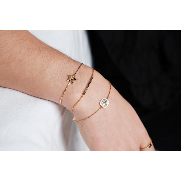 BRACELET PERLES GRIS METALLISE MEDAILLON ACIER INOX GOLD PETIT PRIX