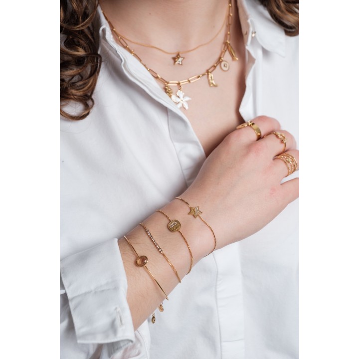 BRACELET PERLES GRIS METALLISE MEDAILLON ACIER INOX GOLD PETIT PRIX