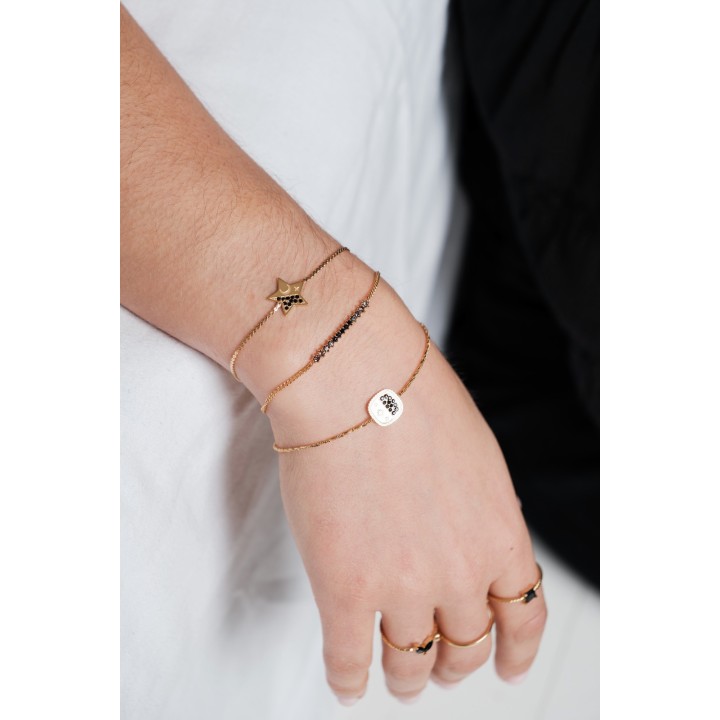 BRACELET PERLES GRIS METALLISE MEDAILLON ACIER INOX GOLD PETIT PRIX