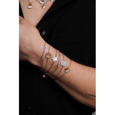 BRACELET PERLES GRIS METALLISE MEDAILLON ACIER INOX GOLD PETIT PRIX