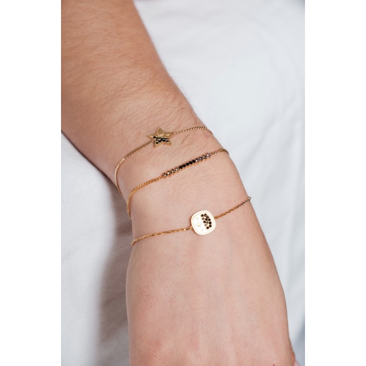 BRACELET MEDAILLON LONG STRASS NOIRS ACIER INOXYDABLE GOLD PETIT PRIX