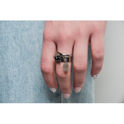 BAGUE PERLE NOIRE FLEUR ACIER INOXYDABLE SILVER PETIT PRIX