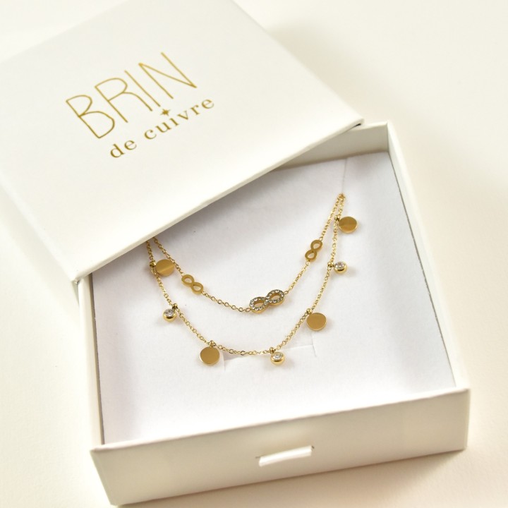 COFFRET CADEAU COLLIERS NUMERO 53 BRIN DE CUIVRE ACIER INOXYDABLE GOLD