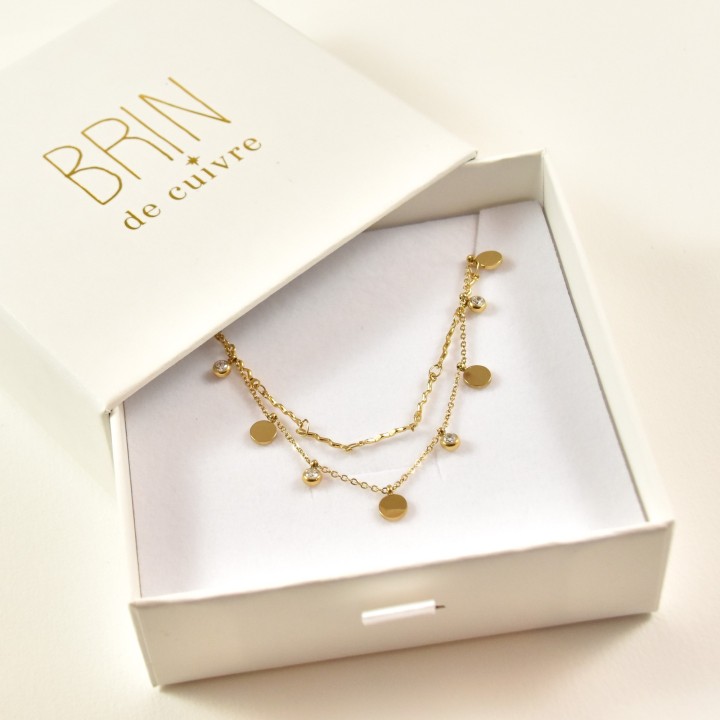 COFFRET CADEAU COLLIERS NUMERO 63 BRIN DE CUIVRE ACIER INOXYDABLE GOLD