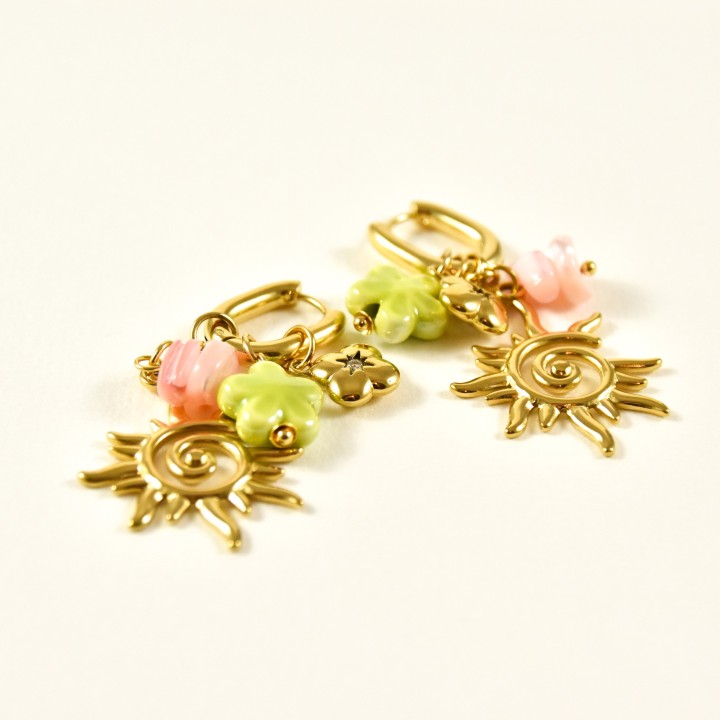 BOUCLES CHARMS SOLEIL PERLES ACIER INOXYDABLE GOLD PETIT PRIX