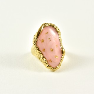 BAGUE XL RESINE NACREE ROSE OR ACIER INOXYDABLE GOLD PETIT PRIX