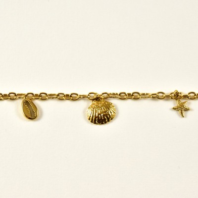 BRACELET PERLES GRIS METALLISE MEDAILLON ACIER INOX GOLD PETIT PRIX