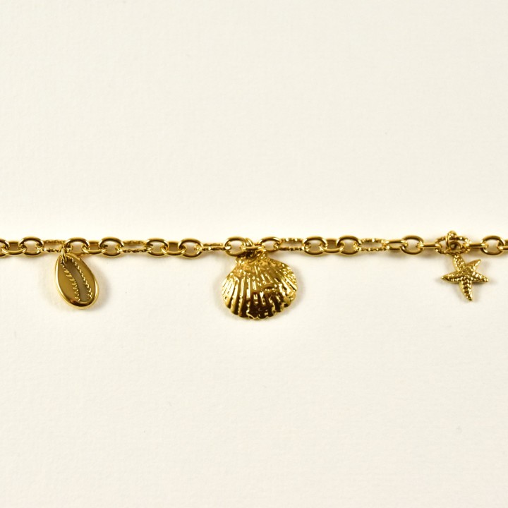 BRACELET PERLES GRIS METALLISE MEDAILLON ACIER INOX GOLD PETIT PRIX