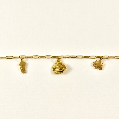 BRACELET PERLES GRIS METALLISE MEDAILLON ACIER INOX GOLD PETIT PRIX