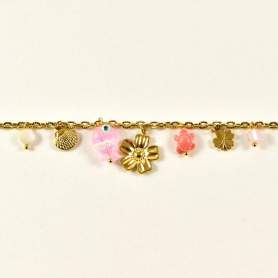 BRACELET PERLES GRIS METALLISE MEDAILLON ACIER INOX GOLD PETIT PRIX