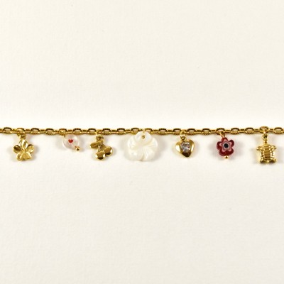 BRACELET PERLES GRIS METALLISE MEDAILLON ACIER INOX GOLD PETIT PRIX