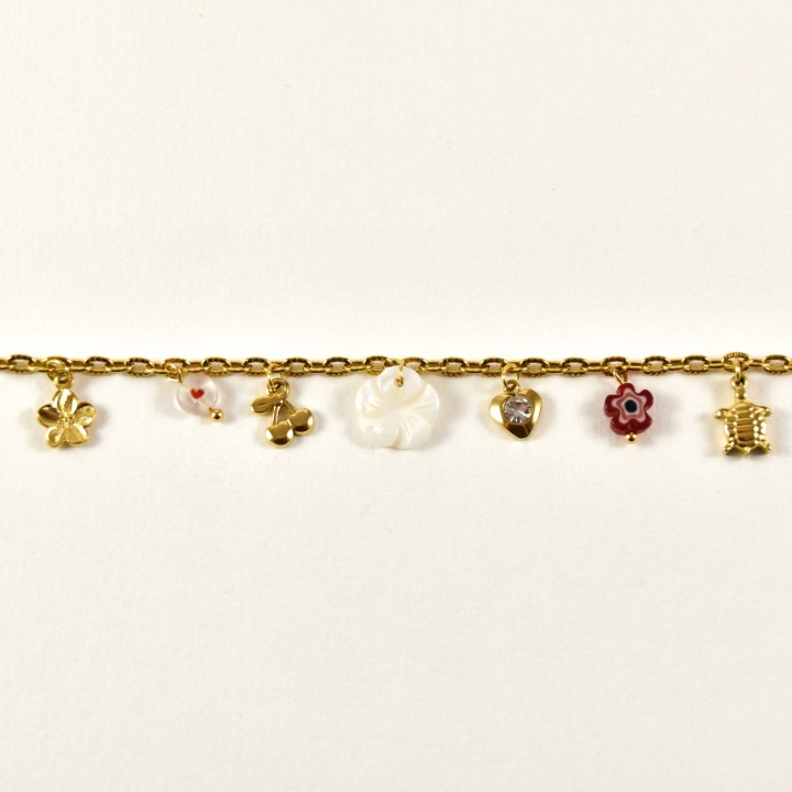 CHAINE DE CHEVILLE FLEUR NACRE COEUR ACIER INOXYDABLE GOLD PETIT PRIX