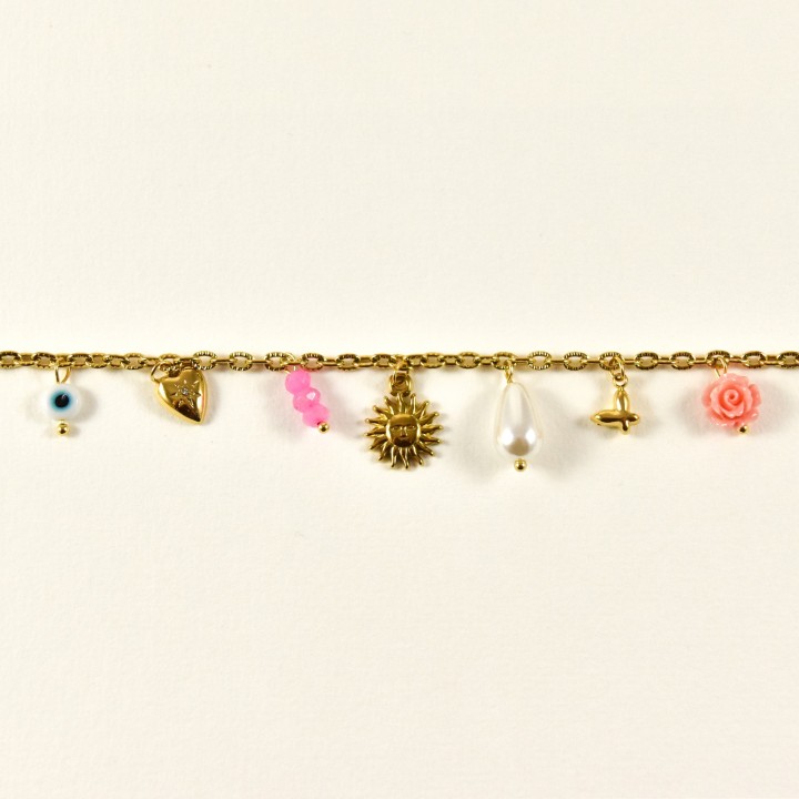 CHAINE DE CHEVILLE SOLEIL COEUR ACIER INOXYDABLE GOLD PETIT PRIX