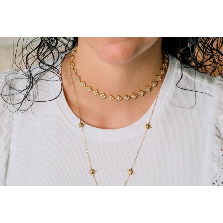 COLLIER TREFLES BLANCS ACIER INOXYDABLE GOLD PETIT PRIX