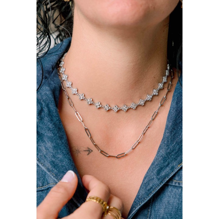 COLLIER TREFLES BLANCS ACIER INOXYDABLE SILVER PETIT PRIX