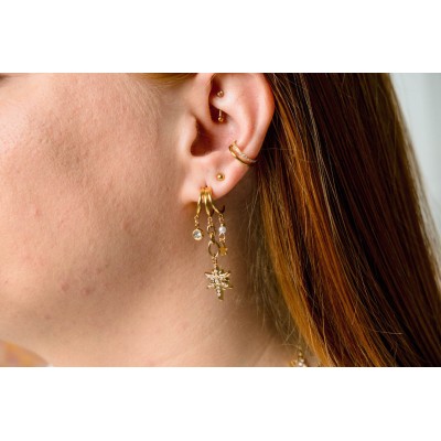 PUCES TROIS ANNEAUX ETOILES STRASS ACIER INOXYDABLE GOLD PETIT PRIX