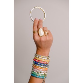 BRACELET PERLES GRIS METALLISE MEDAILLON ACIER INOX GOLD PETIT PRIX