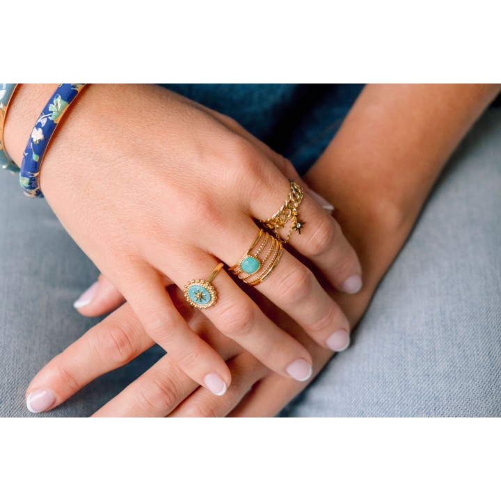 BAGUE EFFET MAILLE ETOILE ET CHAINE ACIER INOXYDABLE GOLD PETIT PRIX