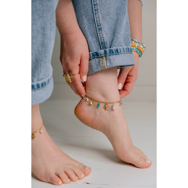 BRACELET PERLES GRIS METALLISE MEDAILLON ACIER INOX GOLD PETIT PRIX