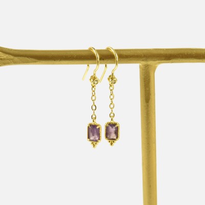 Boucles Pendantes Fines Violette Améthyste Laiton Doré Brin de Cuivre
