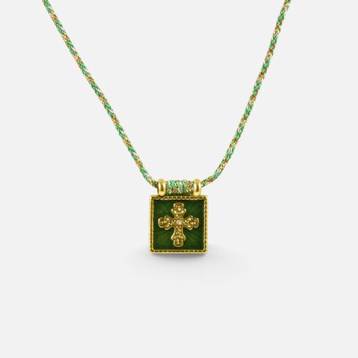Collier Croix Manon Vert Mousse Acier Inoxydable Doré | Brin de Cuivre