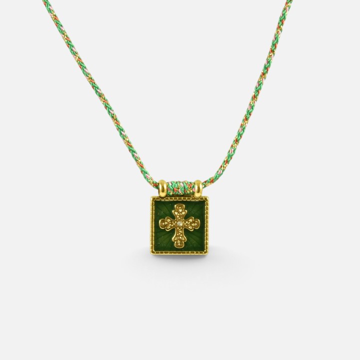 Collier Croix Manon Vert Mousse Acier Inoxydable Doré | Brin de Cuivre