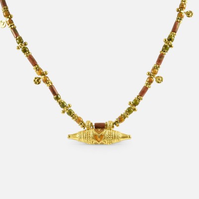 Collier Cylindre Cœur & Jaspe Iris Acier Doré Brin de Cuivre