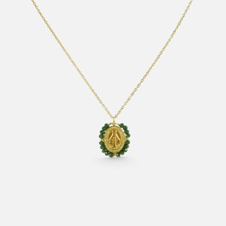 Collier Médaille & Agate Verte Flavie Acier Doré Brin de Cuivre