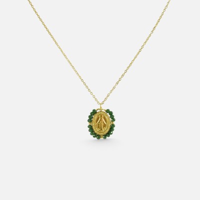 Collier Médaille & Agate Verte Flavie Acier Doré Brin de Cuivre