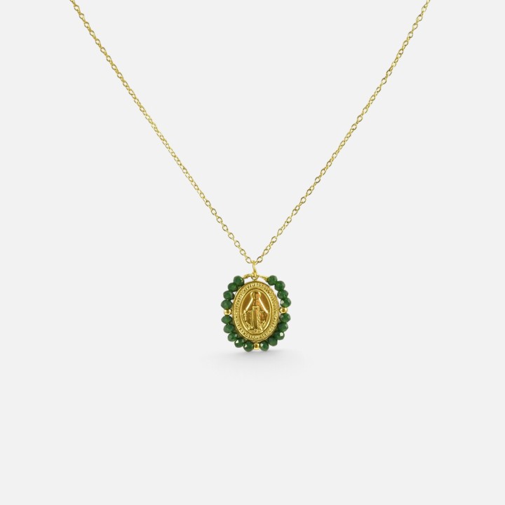 Collier Médaille & Agate Verte Flavie Acier Doré Brin de Cuivre