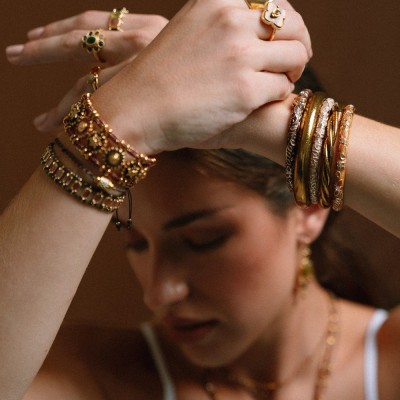 Bracelet Jonc Ouvrant Acier & Émail Brun Camélia | Brin de Cuivre