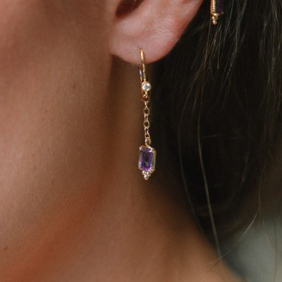 Boucles Pendantes Fines Violette Améthyste Laiton Doré Brin de Cuivre
