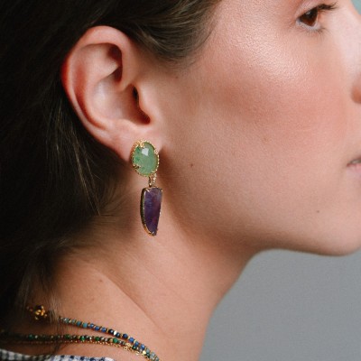 Boucles d'oreilles Duo Maëlys Aventurine & Améthyste | Brin de Cuivre